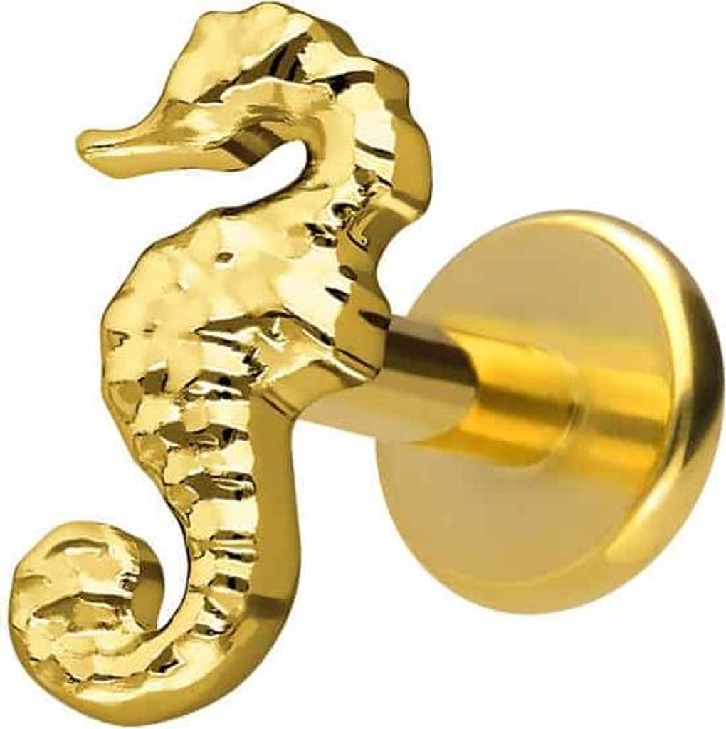 Ohrpiercing, Nasenpiercing Titan Labret mit Innengewinde SEEPFERDCHEN Gold Stablänge: 6mm | Stabstärke: 1,2mm