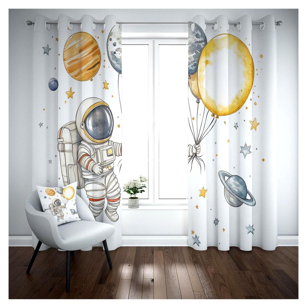 Astronauten Planet Gardinen H225 x B140 cm, Luftballon Sterne Vorhang blickdicht, Thermovorhang, Karikatur Sternenhimmel Ösenvorhang Verdunkelungs...