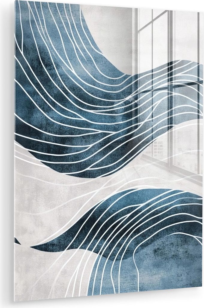 MuchoWow Glasbilder - Bilder auf Wandbild - Foto auf Glas Linien - Wellen - Abstrakt - Blau 60x80 cm Wanddekoration aus Glas - Acrylglasbild - Acry...