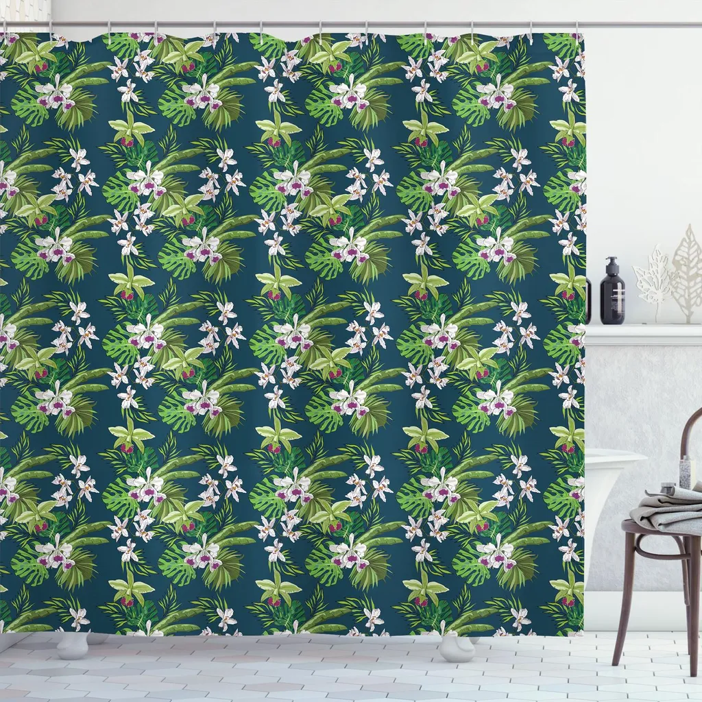 ABAKUHAUS Tenda da doccia con orchidee, tema Island Blooms con palma e foglia di banano, giungla, foresta pluviale, 175 x 200 cm, blu notte e verde felce
