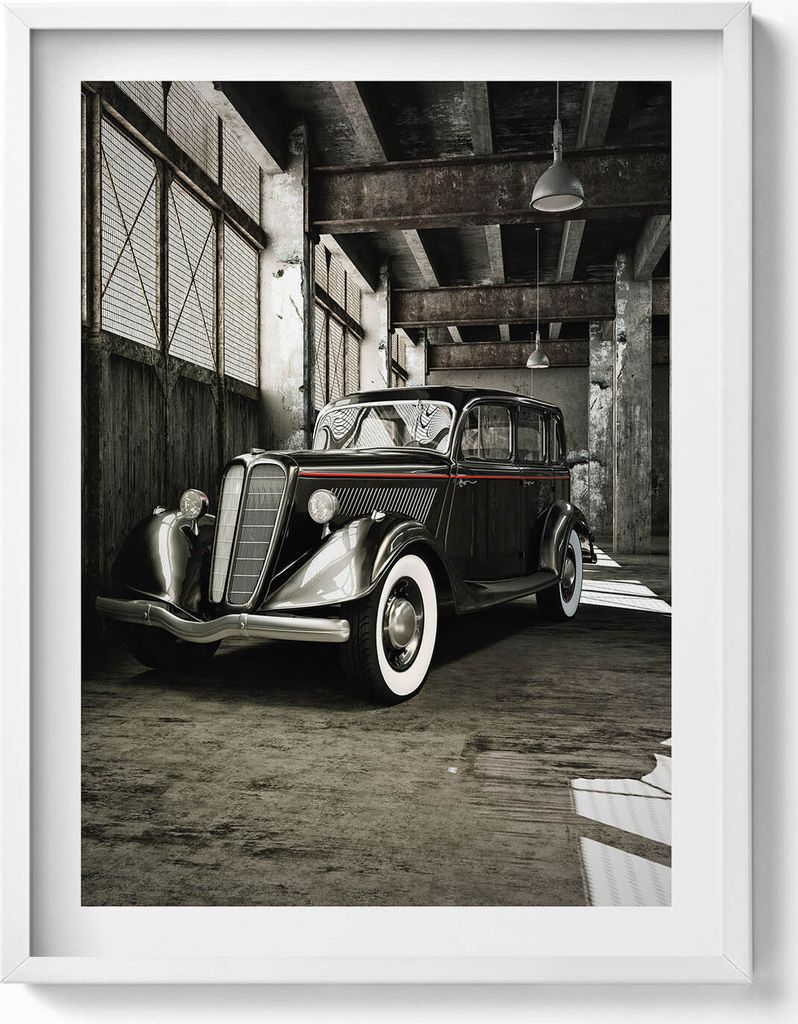 Oldtimer in einer alten Fabrik– Wandbild mit Rahmen – Gerahmtes Bild – Wanddekoration – 60x80 cm – Weiß Rahmen