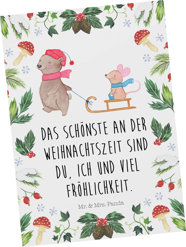 Mr. & Mrs. Panda Postkarte Bär und Maus Schlitten - Weiß - Geschenk, Ansichtskarte, Fotokarte, Weihnachten, Grußkarte, Postkarten, Ansichtskarten