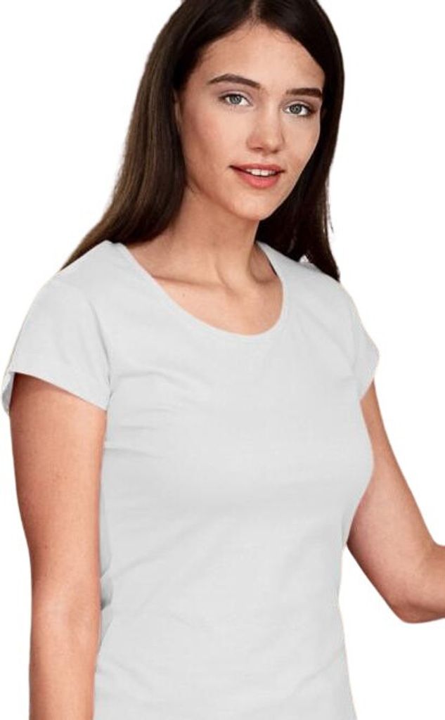 Eng anliegendes Damen-T-Shirt mit tiefem Ausschnitt, 100% Baumwolle, unbedruckt, einfarbig, 180g/m2, Farbe weiß, Größe L