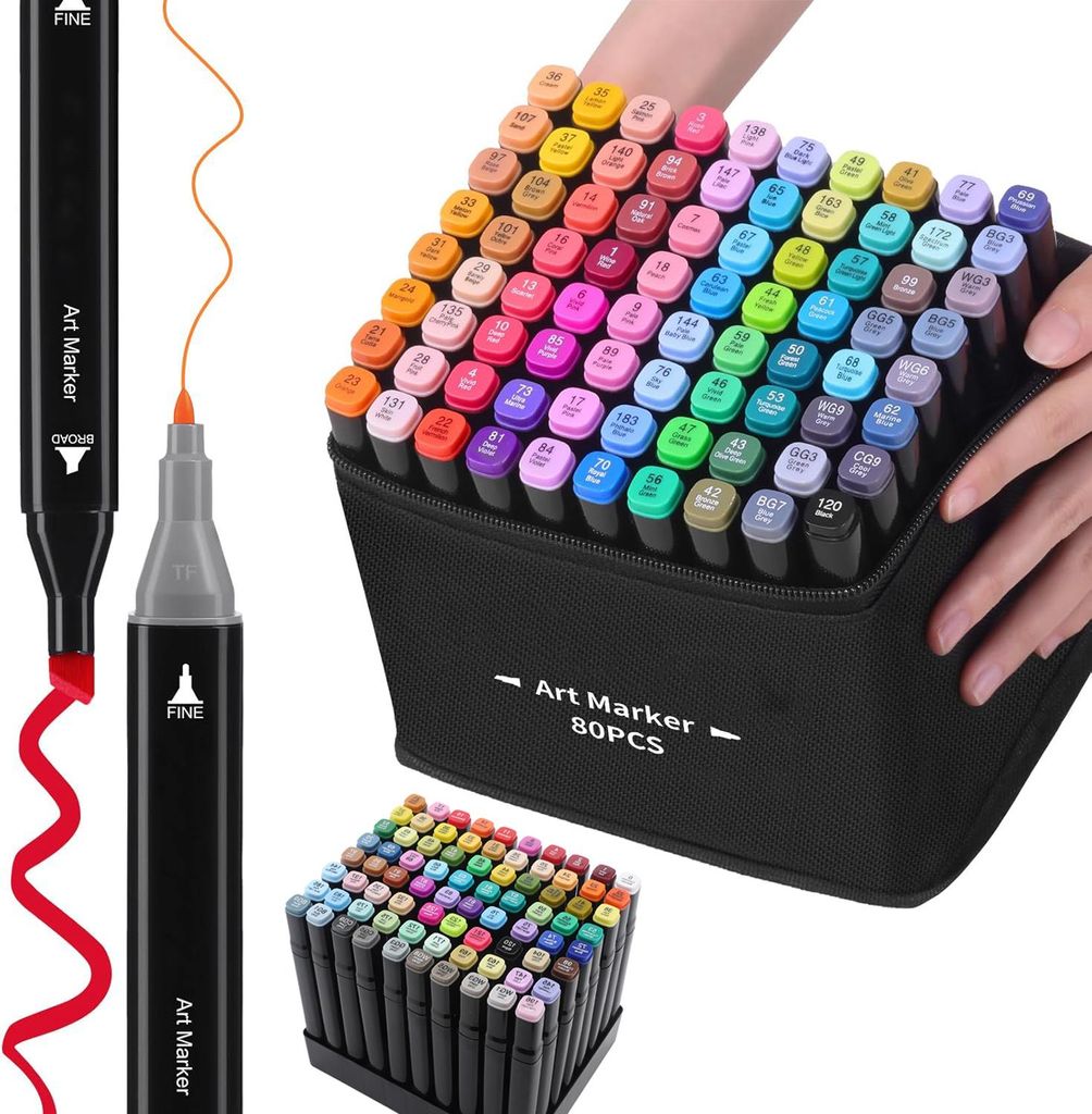 Marker Set, 80 Farben Alkoholmarker Set, Graffiti Pen Set, Graffiti Stift, Feinspitze & Breitspitze, für Graffiti, Manga, Skizzen & Design
