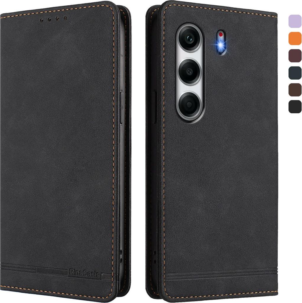 Hülle für Tecno Camon 40 Pro 4G, Retro Kunstleder Ständer Klapphülle mit Kartenfächer und Magnetische Schwarz