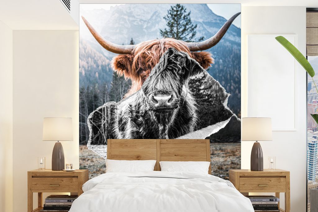 MuchoWow Fototapete für Wohnzimmer oder Schlafzimmer Wandtapete Vinyl Motivtapete Schottischer Highlander - Tiere - Schwarz - Weiß - 160x220 cm...
