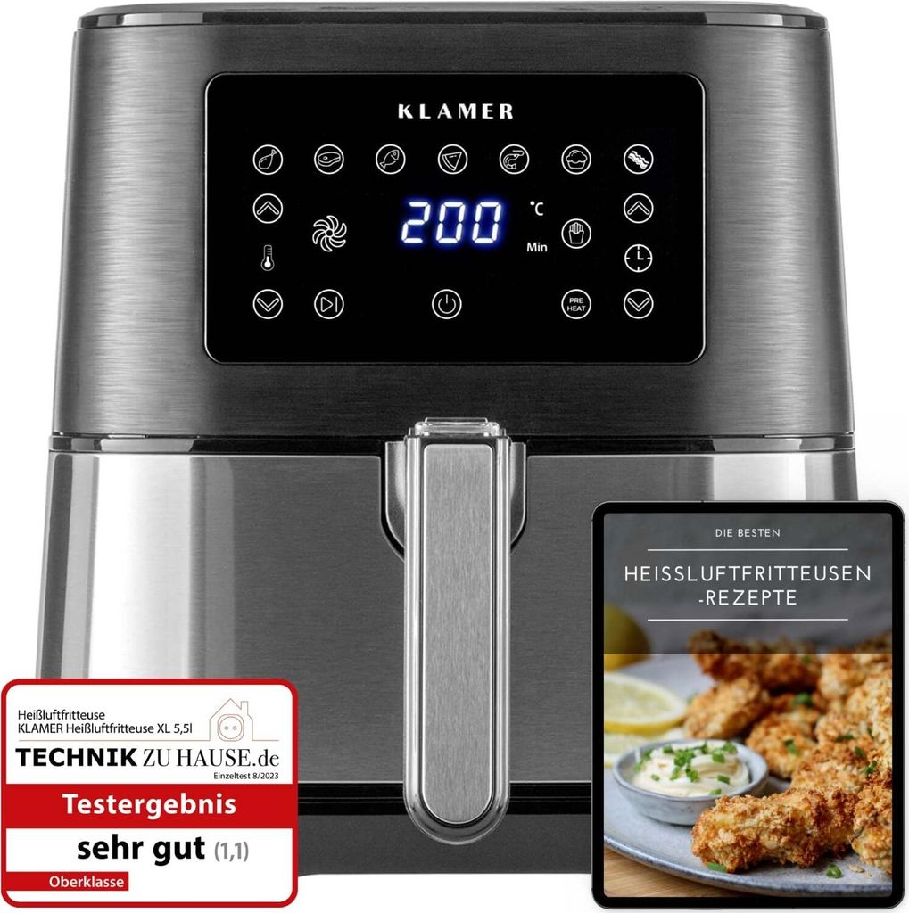 KLAMER Heißluftfritteuse XL 5,5l, Multifunktionale Heissluftfritteuse, ölfreie Fritteuse, 1700W Airfryer