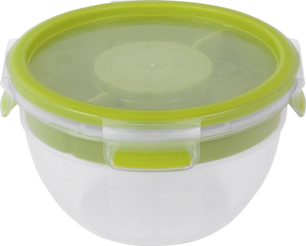 A clear, well-lit studio shot of a round food storage container with a green lid and transparent base.