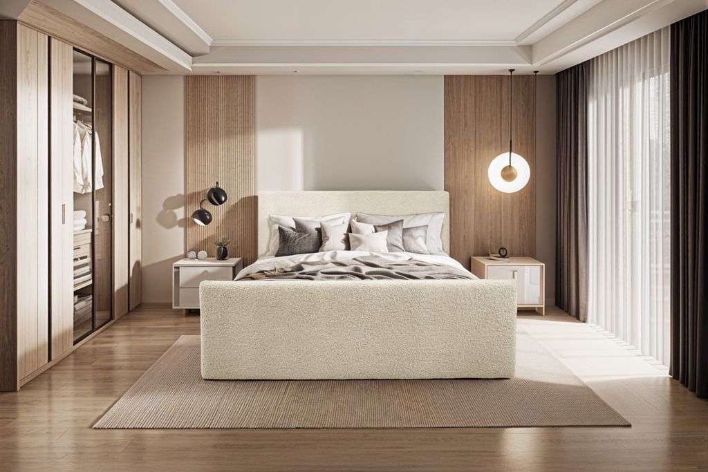 Kaiser Möbel Boxspringbett mit bettkasten und topper LAMM stoff Sven Ecru 160x200 cm H3