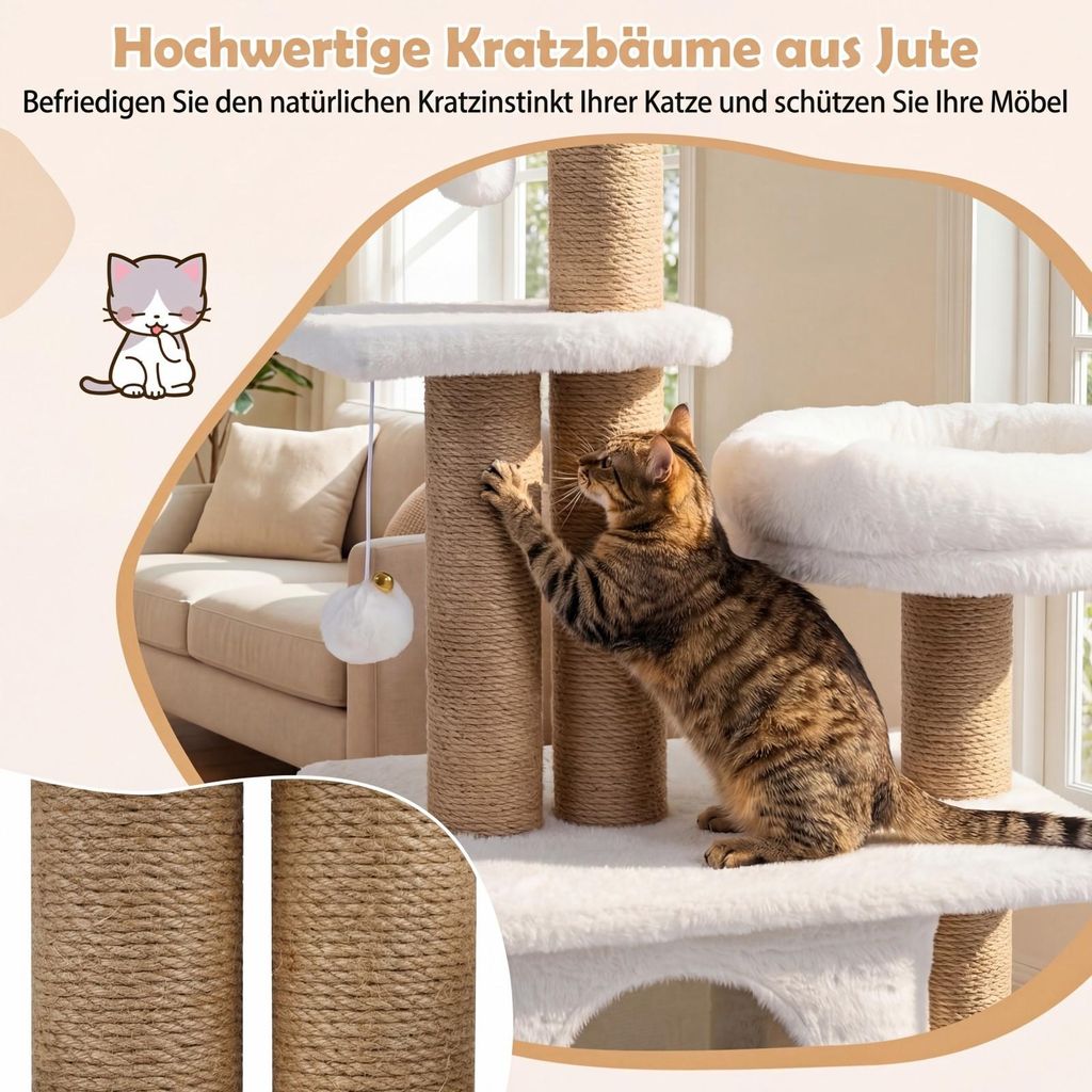 Katzenkletterbaum Beige COSTWAY Kratzbaum 96 Cm Beige  Katzenbaum Mit  Hhle, Plattform, Bett, 2 Bllen & Jute-Stmmen, Stabiler Katzenkratzbaum  Mit Groer Basis