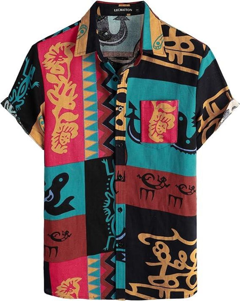Herren Hawaii Hemd aus Baumwolle und Leinen Gelb Blau Kurzarm S