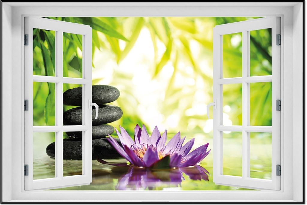 Wallario Wandbild mit Fenster-Illusion: Steinstapel in schwarz mit Blumenblüte in lila, Größe: 61 x 91,5 cm, Poster mit schwarzem Aluminiumrahmen
