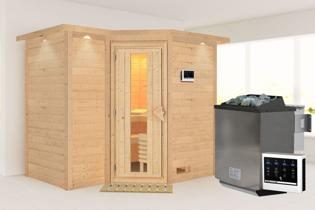 Karibu Sauna Innensauna Sahib 2 Eckeinstieg Ofen 9 kW externe Strg easy 264x198x214 cm mit Dachkranz mit Energiespartür