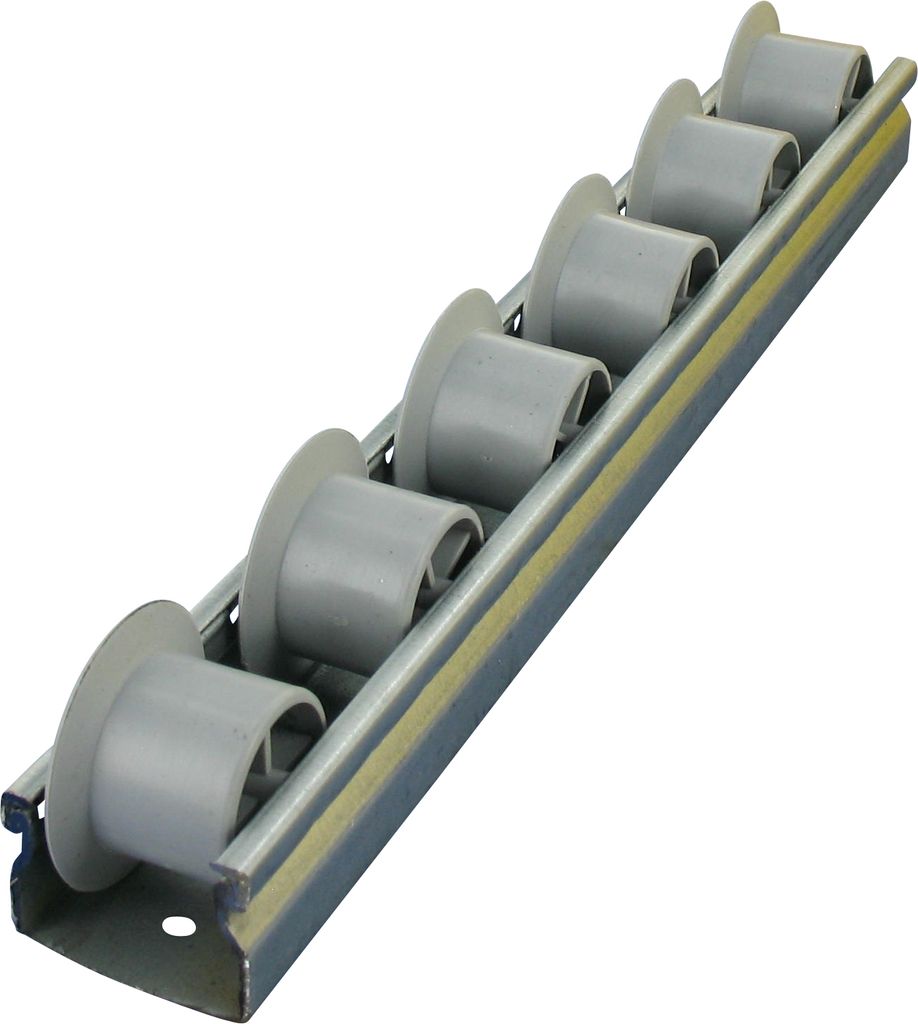Spurkranz Röllchenleiste / Rollenleiste kpl. KRN 28/25 Länge 1.100 mm mit Spurkranzrad nach DIN 9033
