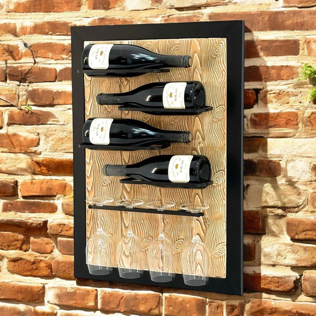A wine rack mounted on a brick wall, holding wine bottles and wine glasses.