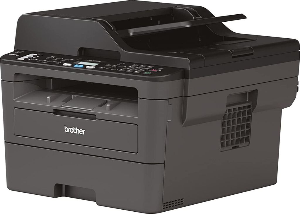 A black and gray Brother MFC-L2710DN 4in1 Multifunktionsdrucker is shown against a white background.
