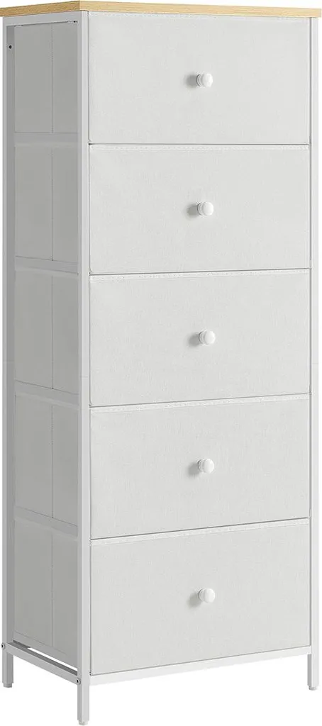 Commode avec 5 tiroirs étroits en tissu coloris jaune camel et blanc