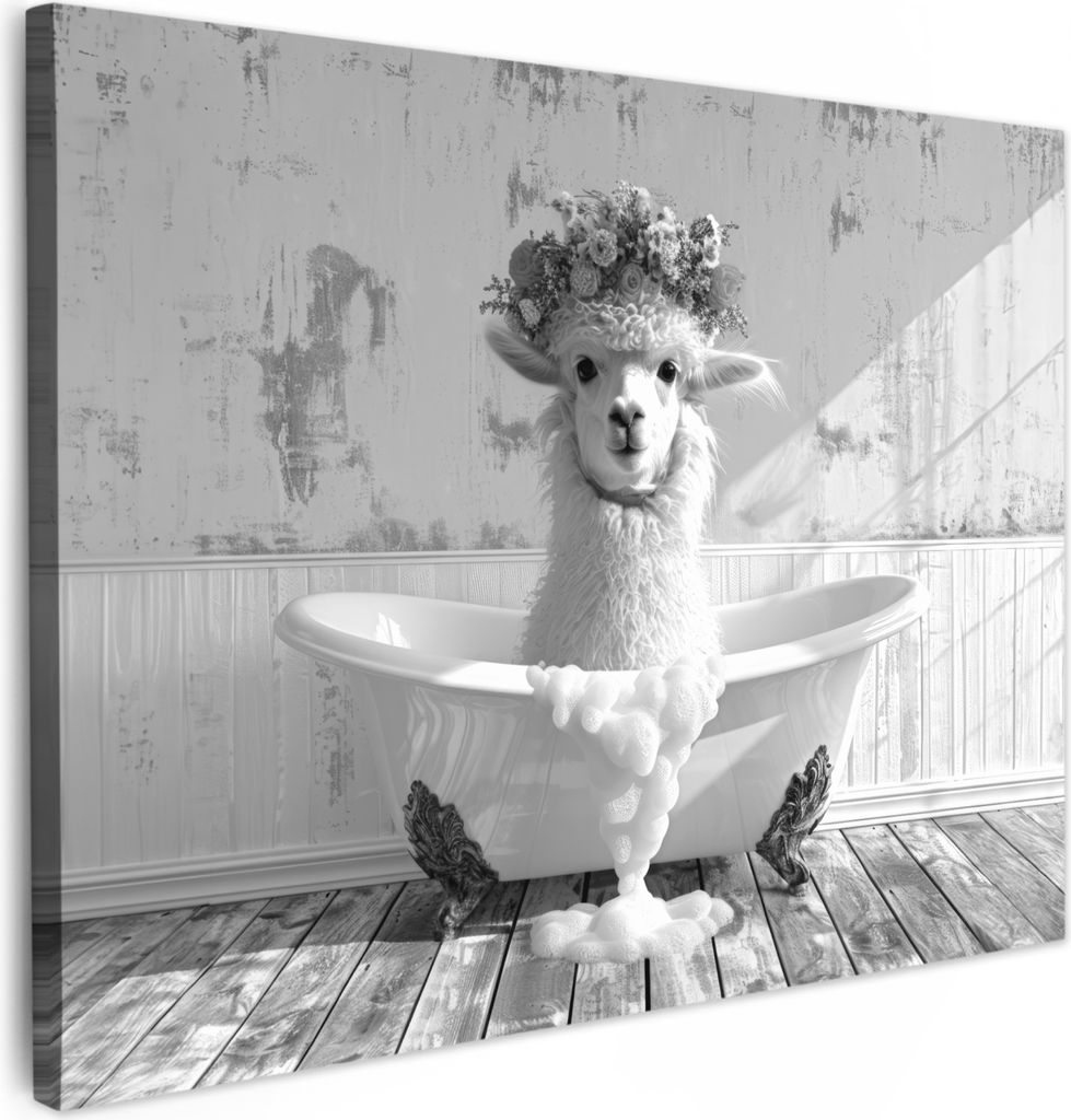 MuchoWow - Leinwandbilder - Alpaka - Blumen - Tier - Bad - Schwarz - Weiß, Wandbild, Wanddeko Bilder Wohnzimmer, 40x30 cm