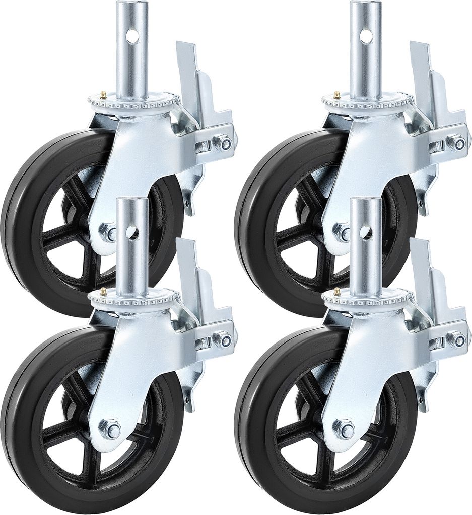 SucceBuy 4er-Pack 8 x 2 Zoll schwere Gerüst-Lenkrollen aus Gummi mit doppelter Feststellfunktion, 1100 Pfund Tragkraft pro Rad.