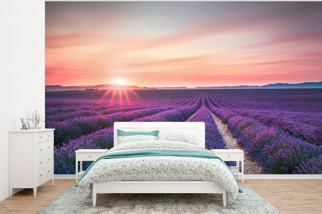MuchoWow Fototapete für Wohnzimmer oder Schlafzimmer Wandtapete Vinyl Motivtapete Lavendel - Lila - Blumen - Himmel - 295x220 cm - Wand Tapete