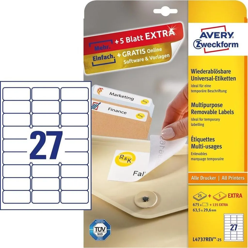 Avery L4737REV-25 Etichette Rimovibili Bianche 63,5x29,6mm - 810 pz