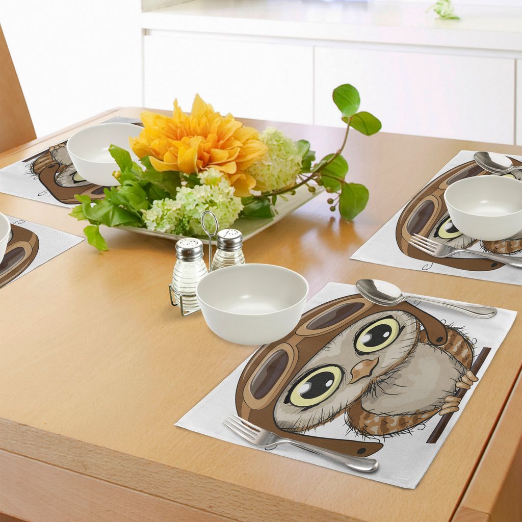 ABAKUHAUS Eulen Platzmatten, Eule in Pilot Hat Big Eyes Karikatur Zeichen Wildlife Humor Comic Artistic, Tiscjdeco aus Farbfesten Stoff für das Es...