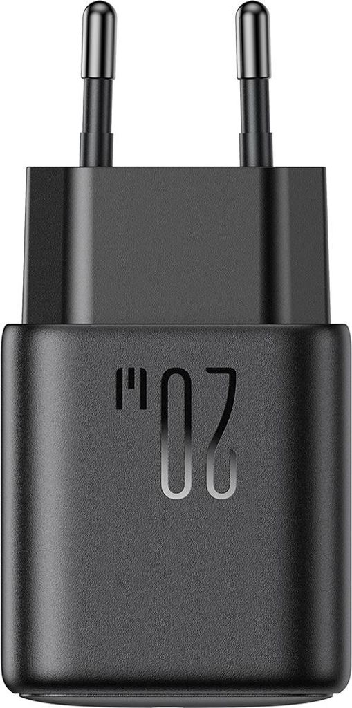 A black USB-C PD charger with two prongs for plugging into a wall outlet.