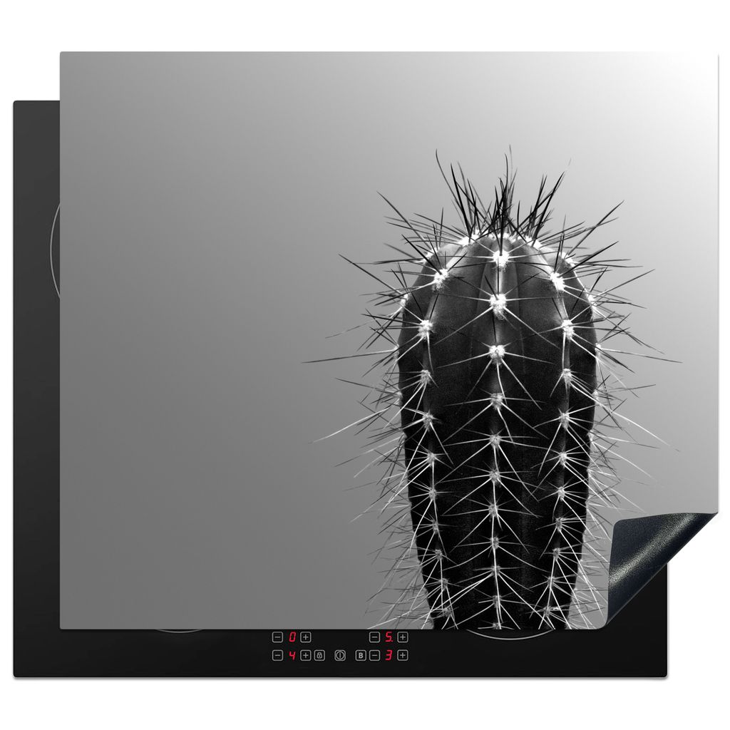 KitchenYeah Herdabdeckplatte Kaktus botanischer Druck - schwarz und weiß , 60x52cm, Küche Deko, Glaskeramikkochfeld Herdabdeckung, Abdeckplatte...