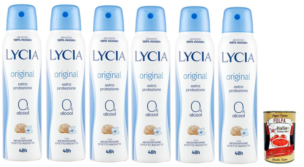 Lycia Deodorant Original, Trockener Effekt, 48H deo 6x150 ml+ Italian Gourmet polpa 400g