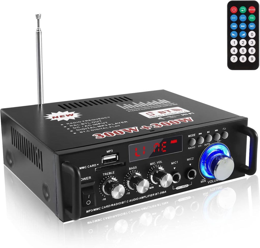 Mini Verstärker, HIFI Verstärker, tragbares UKW-Radio, Bluetooth 5.0-Stereo Audio, 12 V 220 V 600 W, 2 Kanäle, LCD-Display, SD/USB-Karteneingang.