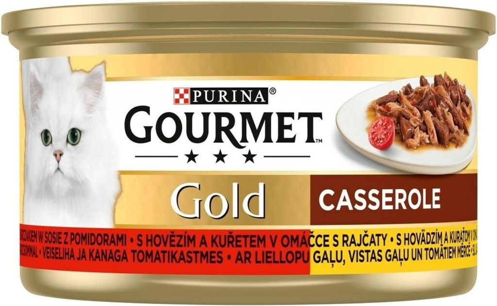 A can of Purina Gourmet Gold cat food with a picture of a white cat and the food.