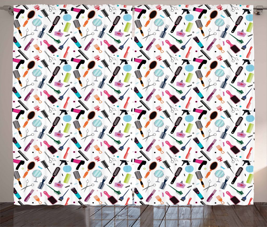 ABAKUHAUS Friseur Rustikaler Vorhang, Haarbürsten und Kämme, Wohnzimmer Universalband Gardinen mit Schlaufen und Haken, 280 x 225 cm, Mehrfarbig