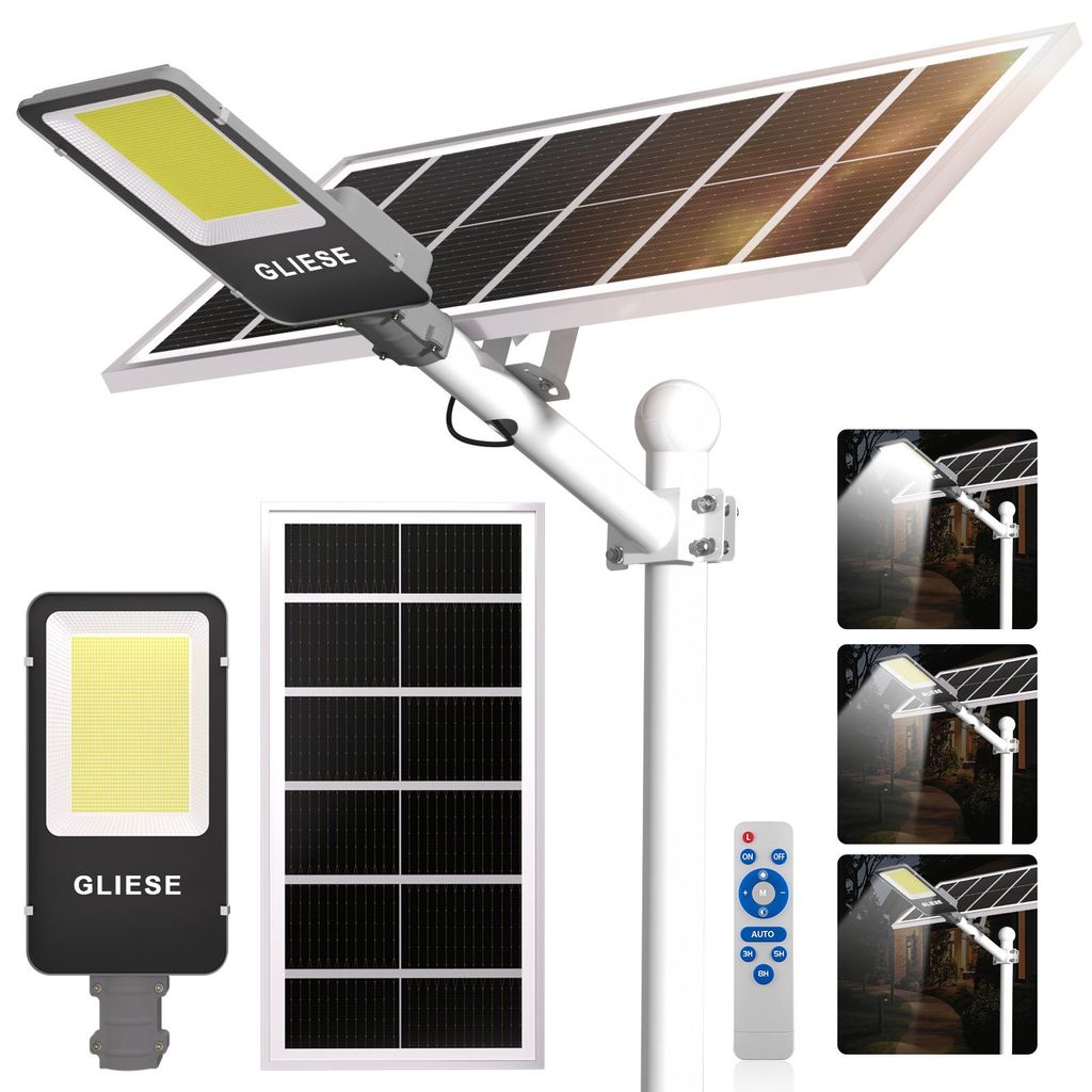 Professionelle Solar Straßenleuchte 1000W Equivalent, IP67, Fernbedienung 5 Stufen, 2 Regen Tage, Auto Ein/Aus, für Parkplatz, Garten, Park