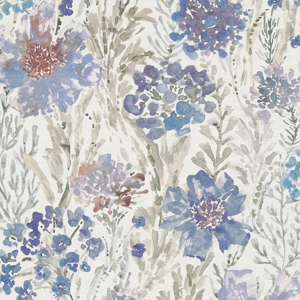 Tapete in Floralem Design Weiß Blau Flieder – Vlies Tapete mit Blumenmuster in Aquarelloptik AS-Creation (KG-174502)
