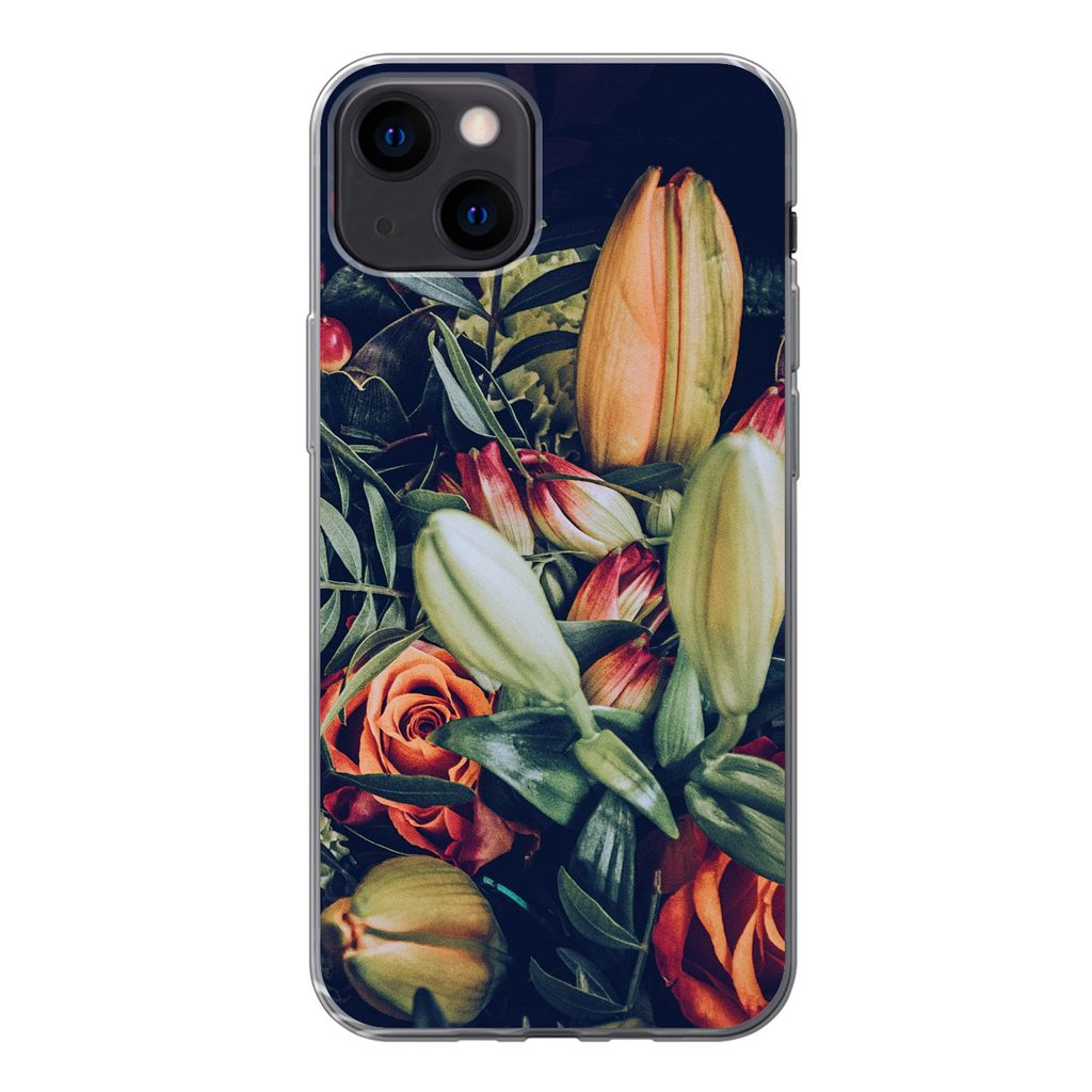 MuchoWow Handyhülle Schutzhülle Hülle für iPhone 13 Blumenstrauß - Stilleben - Blumen - Pflanzen - Rot Silikon Softcase Handy Hülle - Karte...