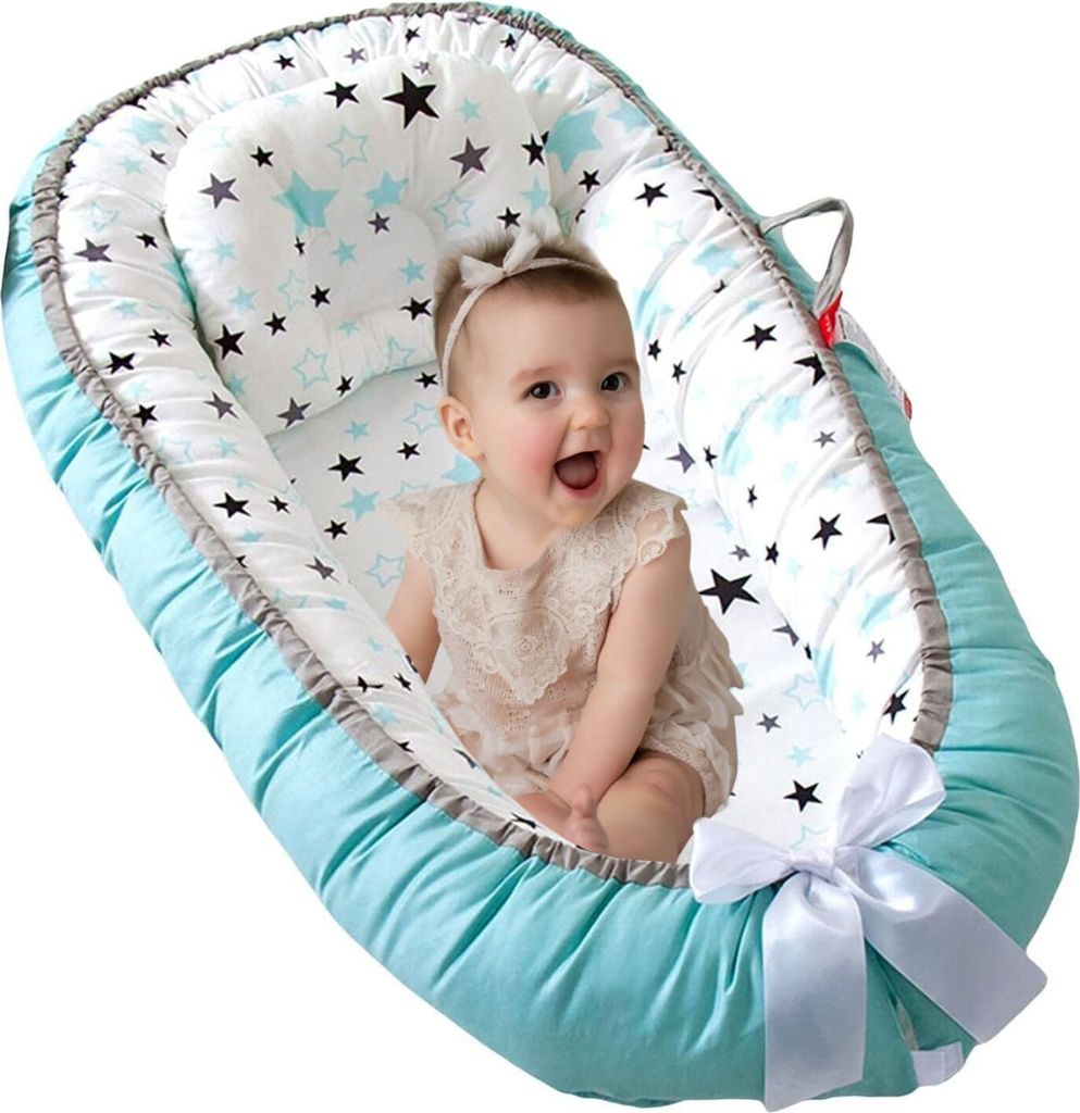 Baby Nest Baby-Schlafkorb, Linomag , mit zwei Seiten, 0–24 Monate, 90 x 55 cm, Baumwollbezug, Komfort & Sicherheit, Weiß/Türkis