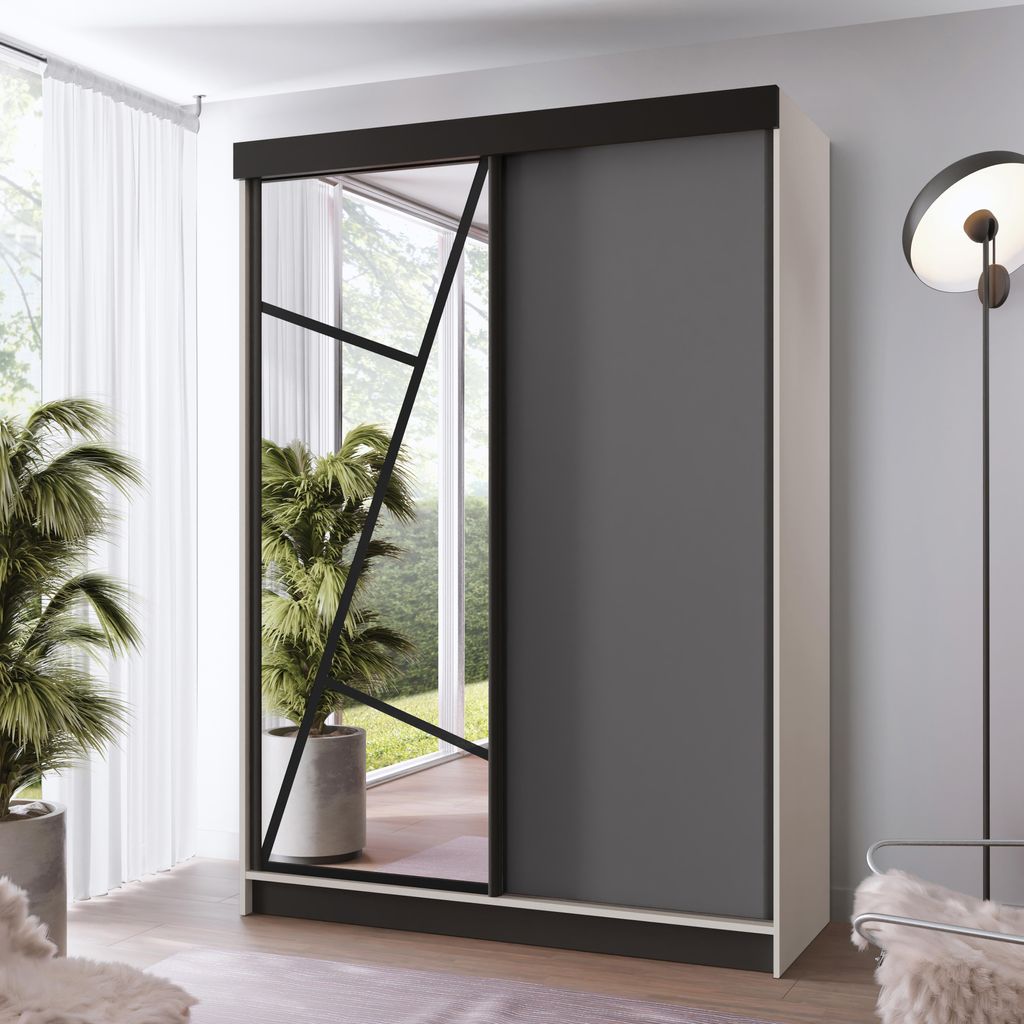 FurMeb24 Schiebetürenschrank LOE 138x205x59 cm Kleiderschrank mit Spiegel, 2-türiger Schiebeschrank (Kaschmir/Anthrazit)