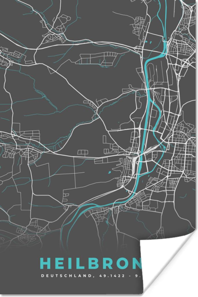 MuchoWow Poster Karte - Heilbronn - Blau - Stadtplan - Deutschland 80x120 cm - Papierdruck