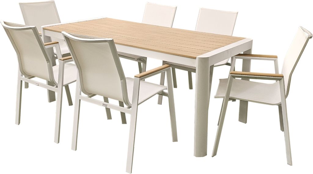 Gartenmöbel Alu / WPC 7-TLG. weiß / Braun Sitzgruppe Terassenmöbel Essgruppe Tisch 220 cm + 6 Stühle