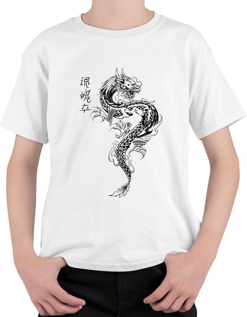 Japanischer Drache Irezumi Orientalischer Drache Asien Koi Flamme Uni Kinder T-Shirt, Weiß, 104