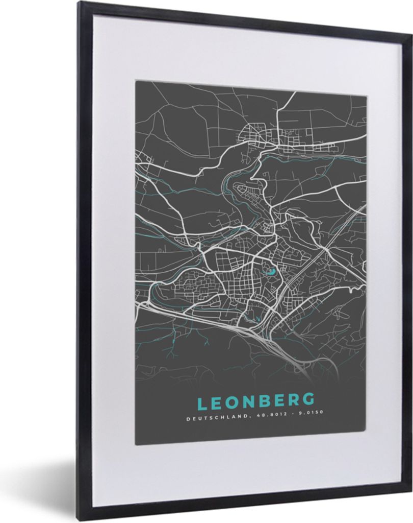 MuchoWow Gerahmtes Poster Deutschland - Blau - Leonberg - Stadtplan - Karte 30x40 cm - Poster mit Schwarzem Bilderrahmen Wandposter Rahmen Foto B...