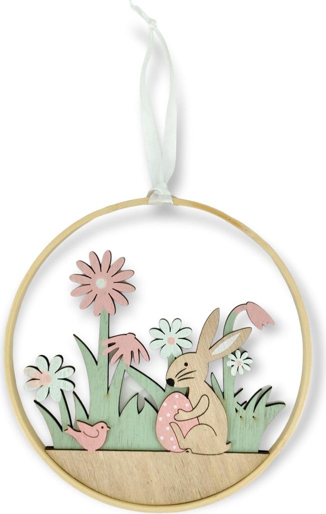 Holz Hänger Osterhase auf Blumen-Wiese braun bunt 20cm Dekohänger Osterdeko Tür-Kranz