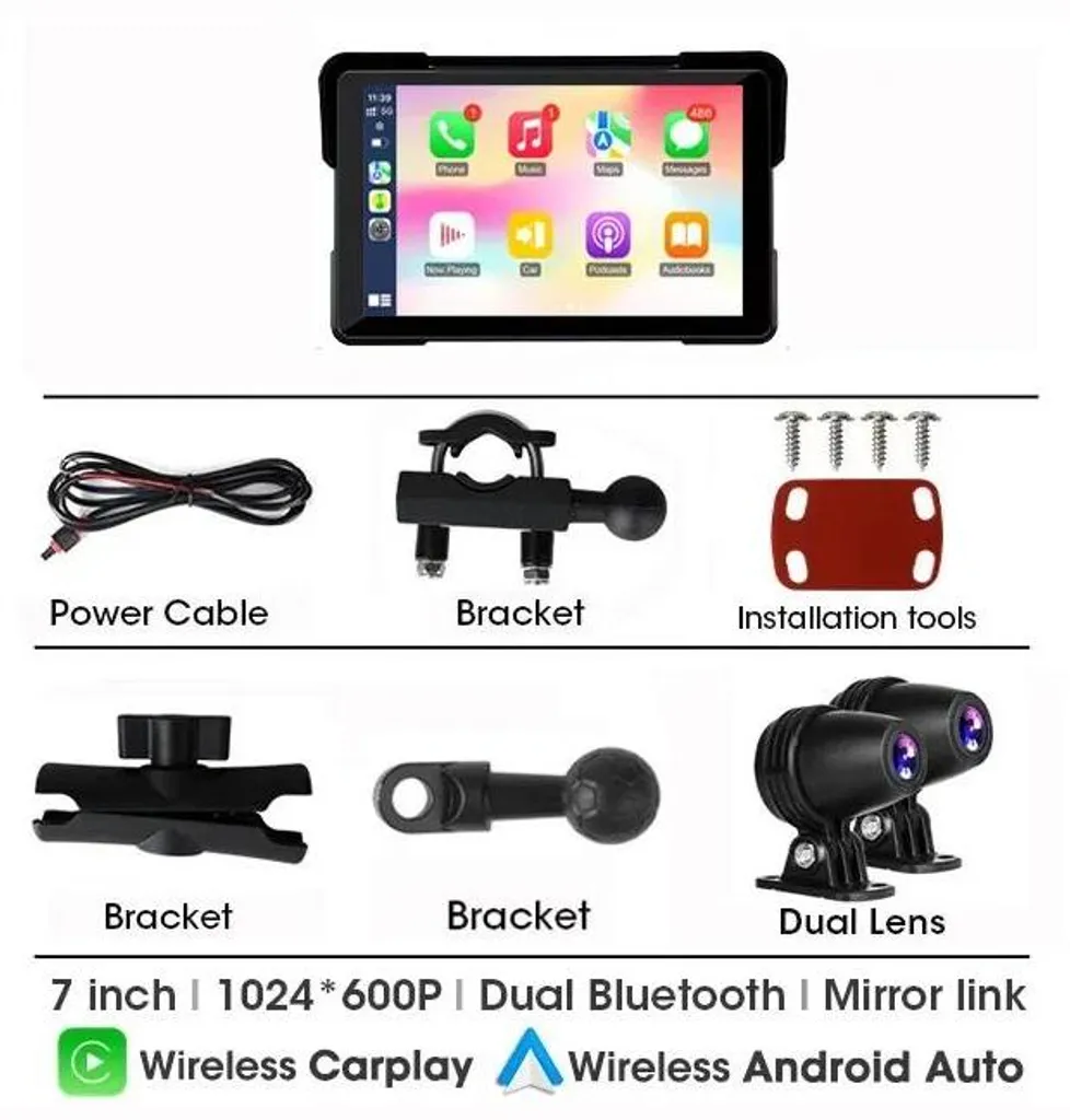 Écran Moto CarPlay et Android Auto sans fil avec Dashcam Double Objectif