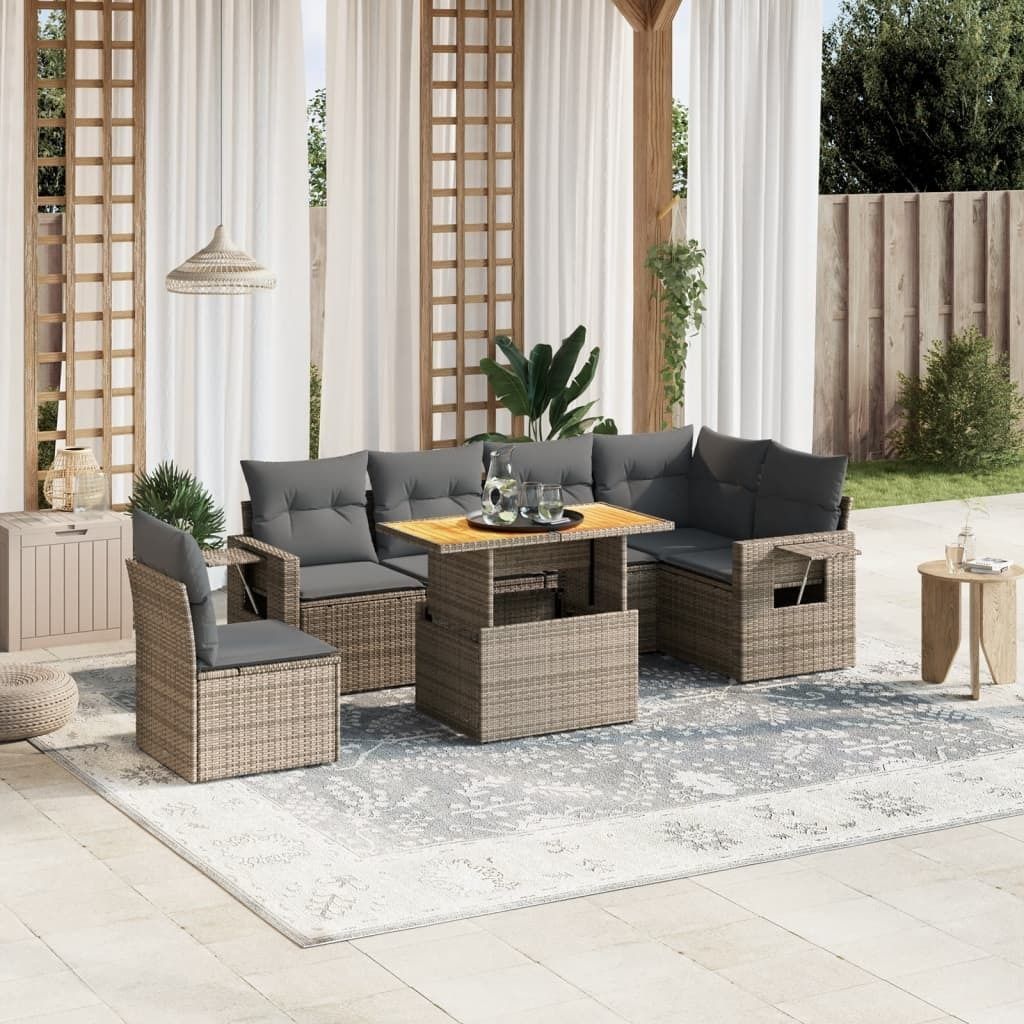 Design 7-tlg. Garten-Sofagarnitur mit Kissen Grau Poly Rattan, Gartenmöbel-Sets 2024 Neu