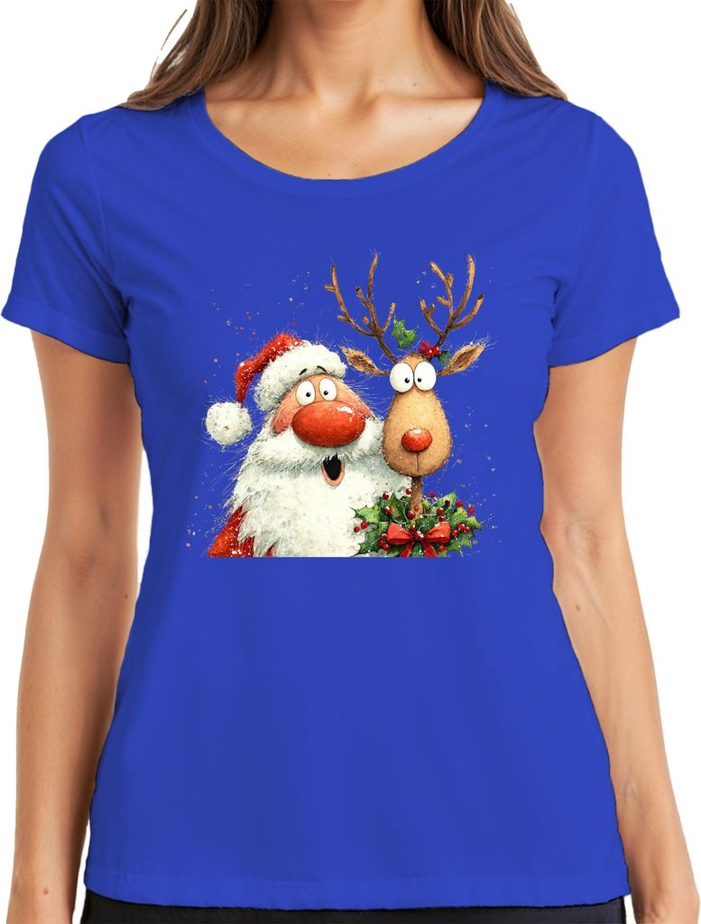 Weihnachtsmann Rentier lustig Aquarell Weihnachten Geschenk Retro Damen T-Shirt, Blau, S