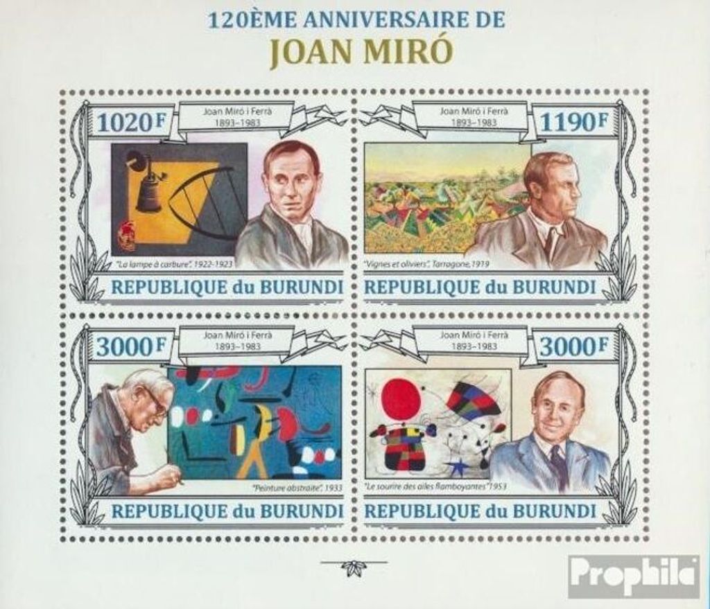 Briefmarken Burundi 2013 Mi 3143-3146 Kleinbogen (kompl. Ausgabe) postfrisch Joan Miro