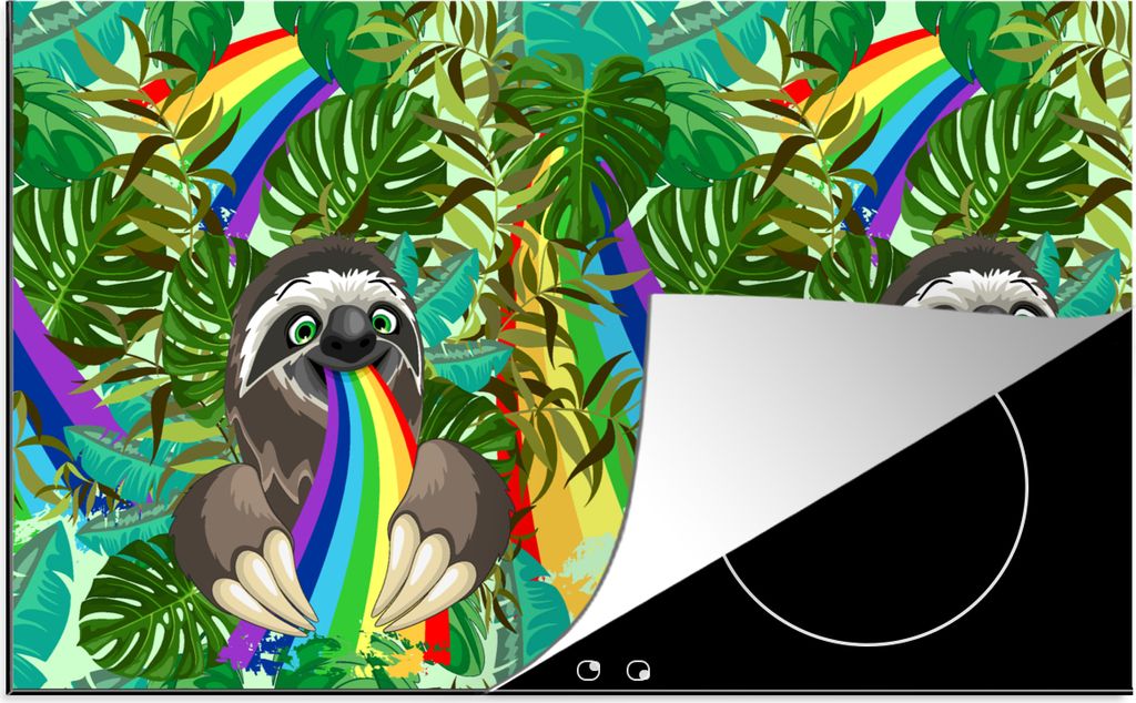 KitchenYeah Herdabdeckplatte Faultier - Regenbogen - Blätter - Muster , 83x51cm, Küche Deko, Glaskeramikkochfeld Herdabdeckung, Abdeckplatte f...