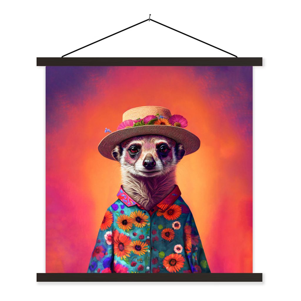 MuchoWow Textilposter Erdmännchen - Blumen - Hut - Tiere - Porträt - Erdmännchen 60x60 cm mit schwarzem Rahmen - Posteraufhänger