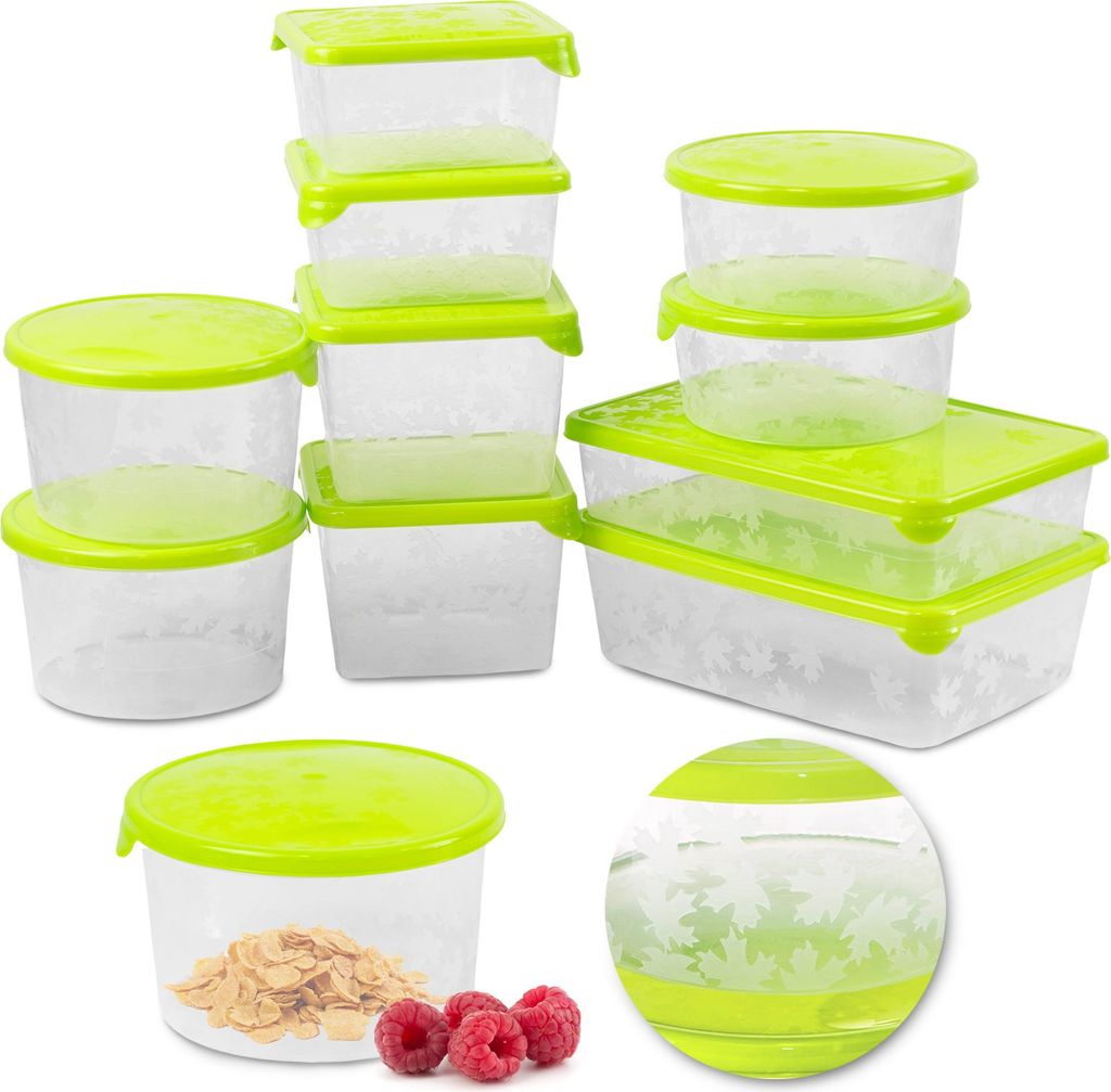 A collection of clear plastic food storage containers with bright green lids, arranged in a visually appealing display against a white background. Some containers are stacked, while others are shown individually. One container in the foreground contains ce