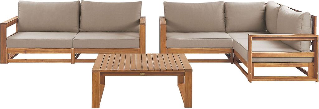BELIANI Gartensofa Set mit Couchtisch Hellbraun es Akazienholz Auflagen Taupe Retro Landhaus Stil 2-Sitzer Sofa und Ecksofa mit Tisch Terrasse Outdoor